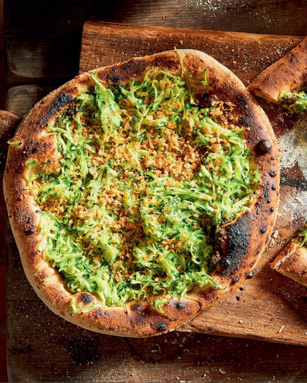 Zucchini and pistachio pesto pizza