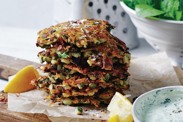 Zucchini and potato fritters with green goddess dressing