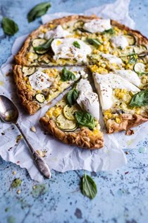 Zucchini and roasted sweet corn provolone phyllo pizza with truffle oil