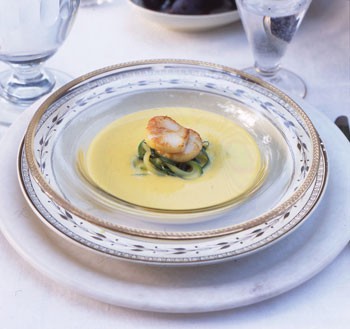 Zucchini and saffron vichyssoise with scallops