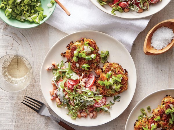 Zucchini and shrimp cakes with snap pea relish