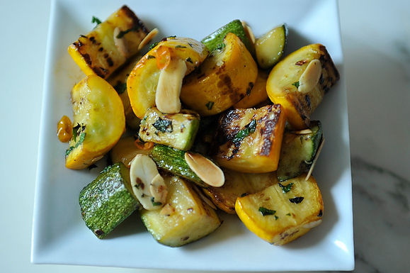 Zucchini and summer squash with chili, mint and toasted almonds