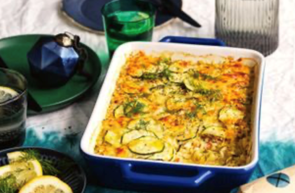 Zucchini, bacon and mascarpone gratin