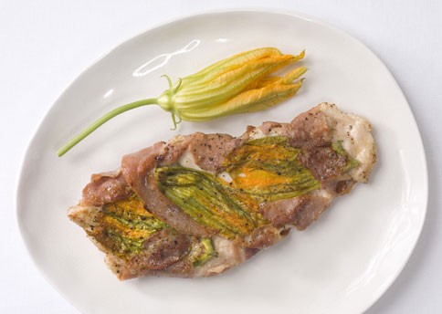 Zucchini blossom and chicken saltimbocca