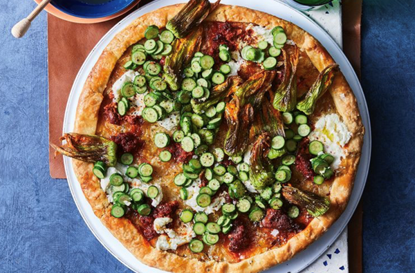 Zucchini blossom, honey and 'nduja tart