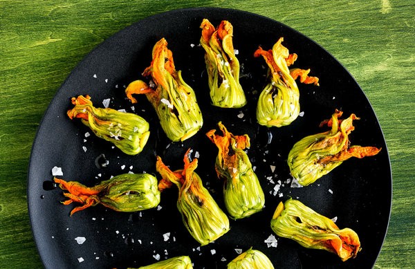 Zucchini blossoms with burrata and tapenade