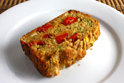 Zucchini bread with roasted red peppers and feta