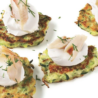 Zucchini cakes with smoked trout