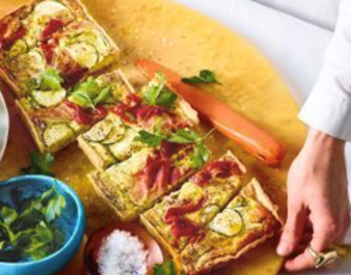 Zucchini, cheddar and prosciutto tart