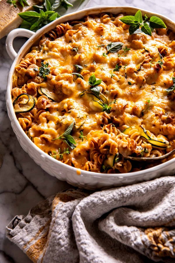 Zucchini cheddar chicken noodle casserole