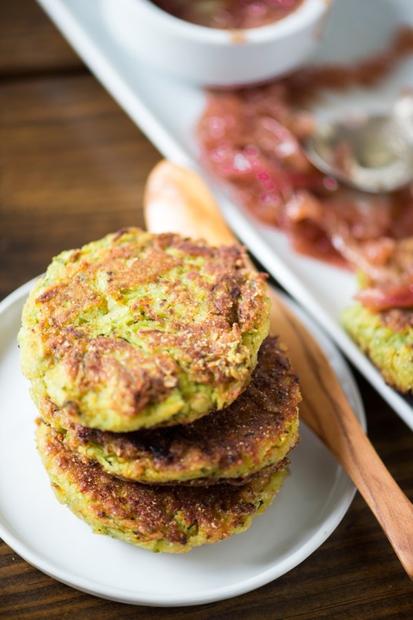 Zucchini chickpea fritters with red onion marmalade