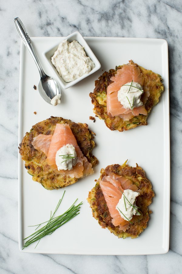 Zucchini chickpea fritters with smoked salmon