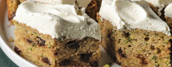 Zucchini-chocolate chip cake with whipped cream cheese frosting