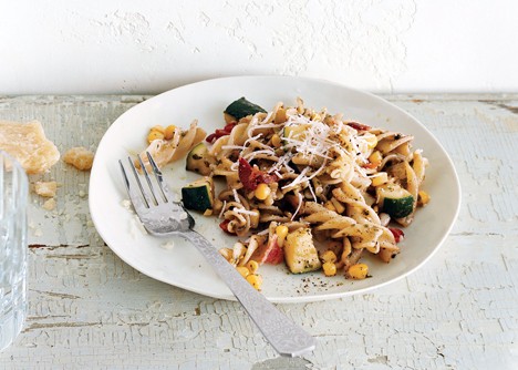 Zucchini, corn, and basil fusilli with bacon