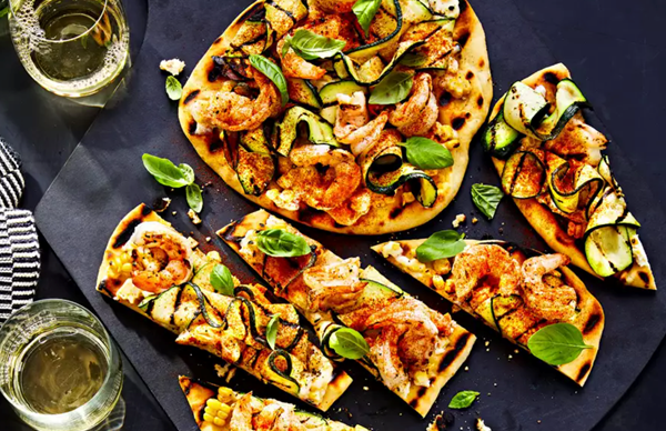 Zucchini, corn, and shrimp flatbread
