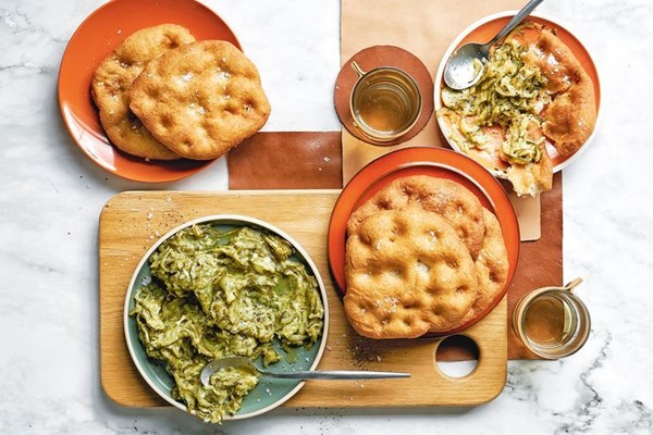 Zucchini dip with fried pizza dough