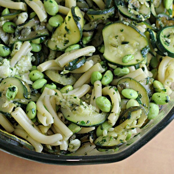 Zucchini, edamame and buffalo mozzarella pasta salad