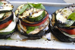 Zucchini-eggplant Napoleons with tomato, basil, and mozzarella