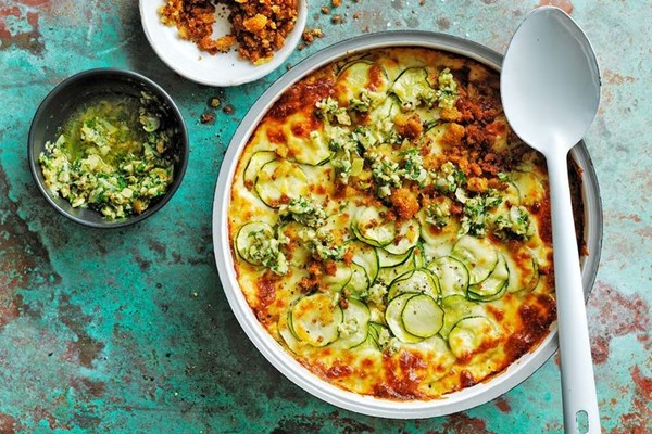 Zucchini, feta & leek gratin