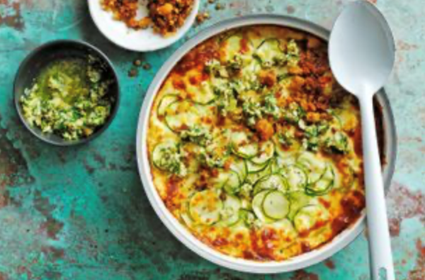 Zucchini, feta and leek gratin