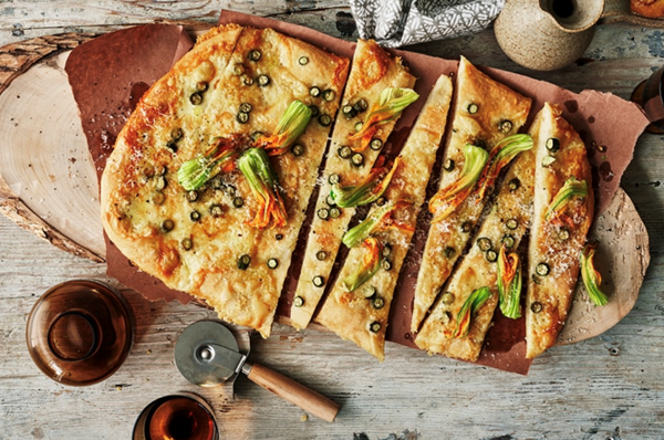 Zucchini flower and Taleggio pizza al trancio