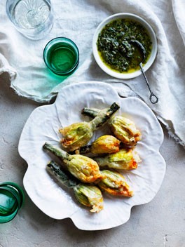 Zucchini flowers with ricotta, Parmesan, and mint and anchovy sauce