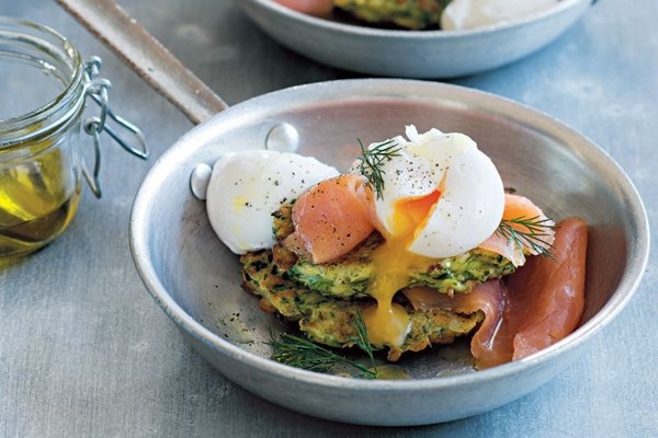 Zucchini fritters with smoked salmon and poached eggs