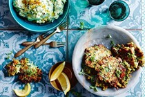 Zucchini fritters with spinach & golden raisin dip