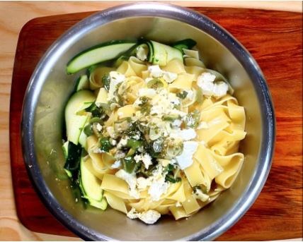 Zucchini, goat's feta and pappardelle