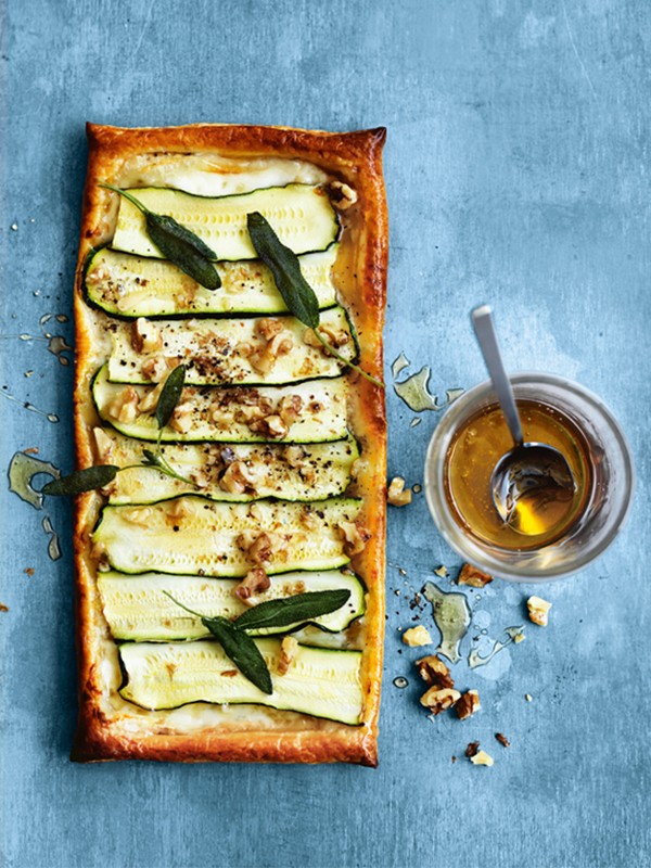 Zucchini, Gorgonzola, honey and walnut tarts