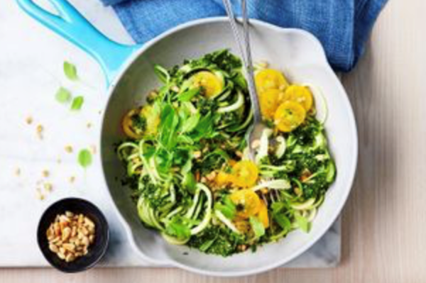 Zucchini 'noodle' pasta with garden green sauce