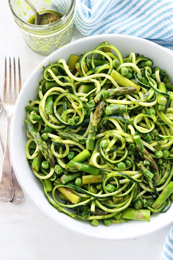 Zucchini noodles with asparagus, peas, and basil vinaigrette