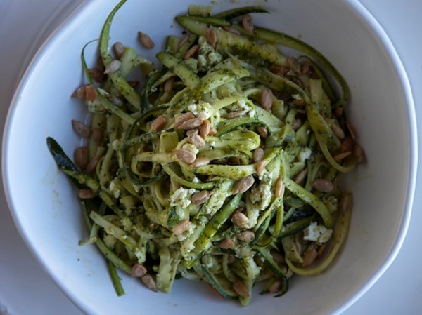 Zucchini noodles with spinach pesto, feta, and sunflower seeds