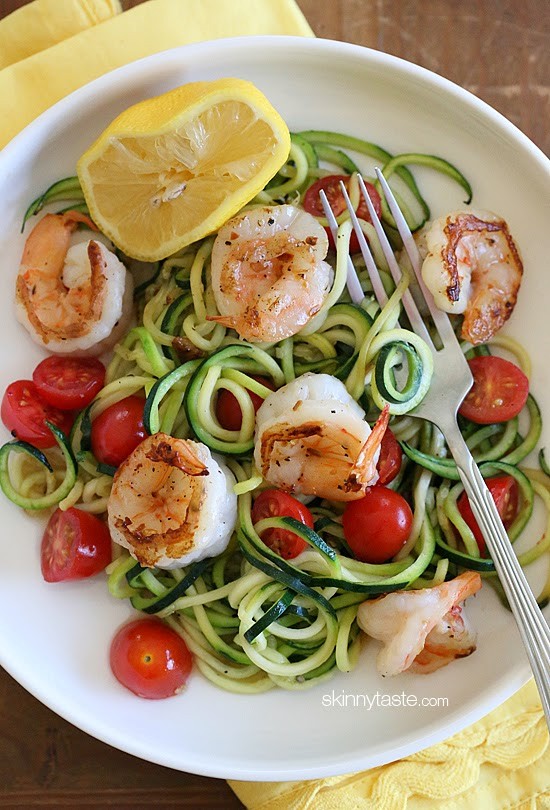 Zucchini noodles (zoodles) with lemon-garlic spicy shrimp
