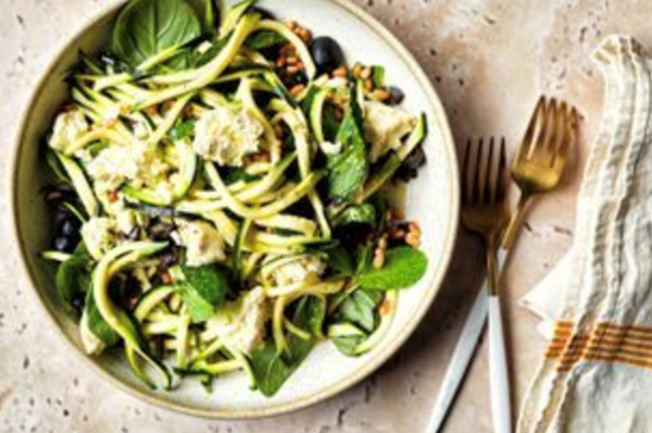 Zucchini, olive, fresh herb and goat's cheese salad