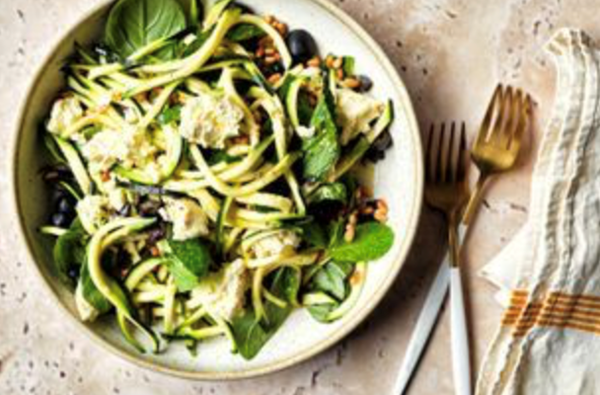Zucchini, olive, fresh herb and goat's cheese salad