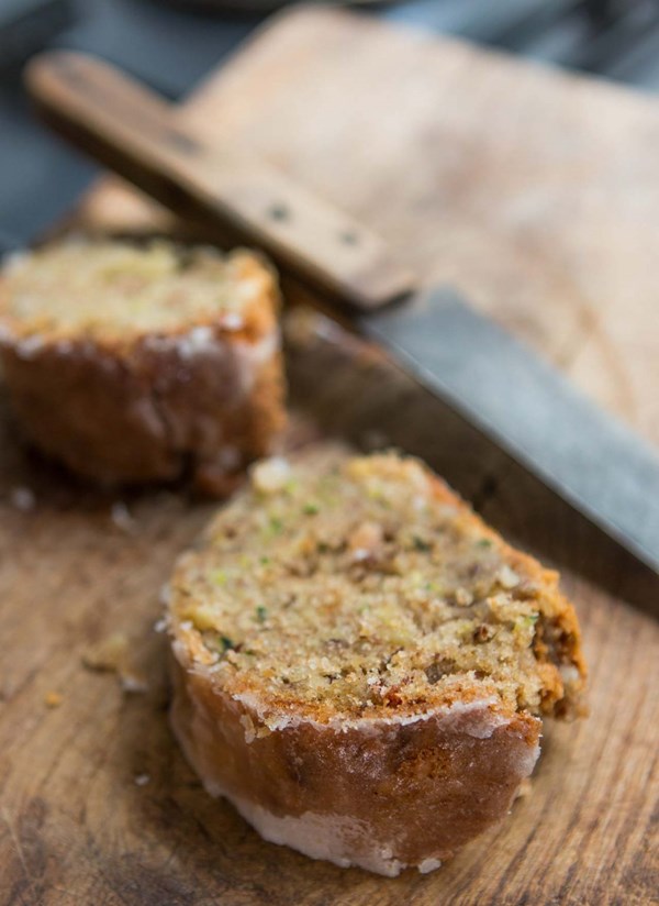 Zucchini-olive oil cake with lemon crunch glaze