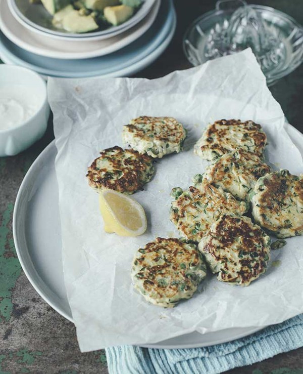 Zucchini, pea and ricotta fritters with garlic tahini yoghurt
