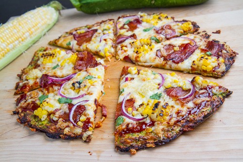 Zucchini pizza crust (with chipotle BBQ bacon and grilled corn pizza)