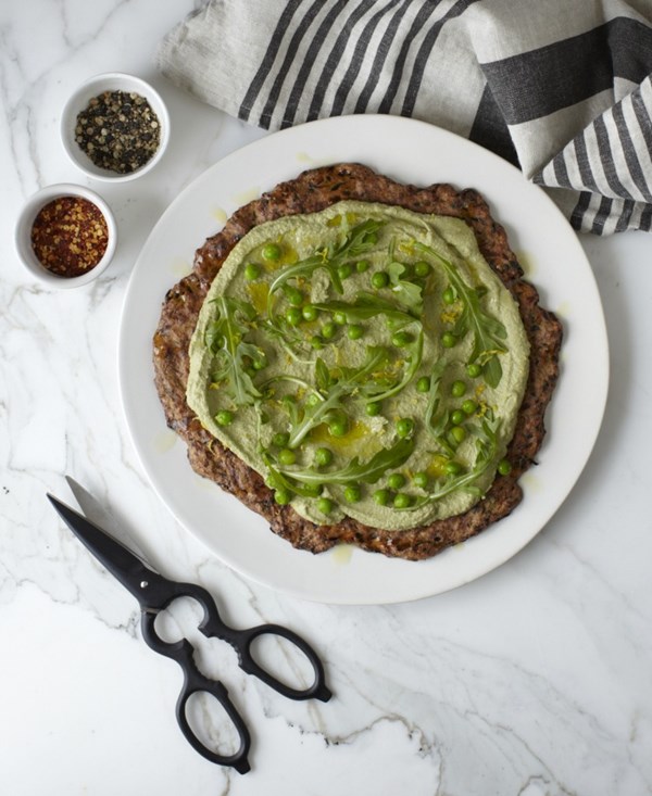 Zucchini pizza crust with lemony pea pesto