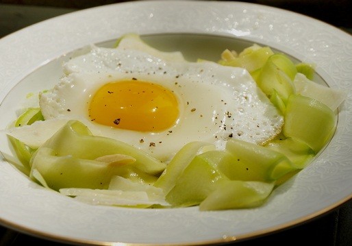 Zucchini ribbon "pasta" with fried egg and pecorino