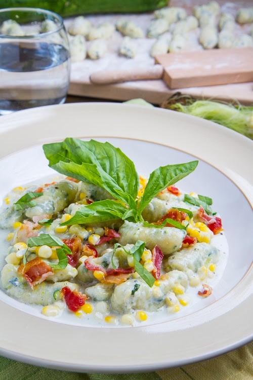Zucchini ricotta gnocchi and corn in creamy Gorgonzola sauce with crispy crumbled pancetta