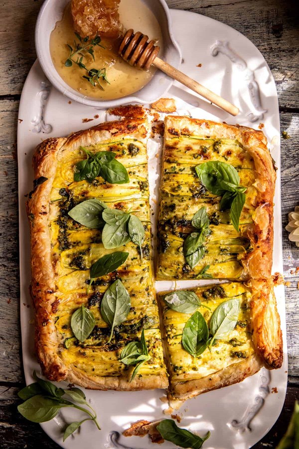 Zucchini ricotta pesto tart
