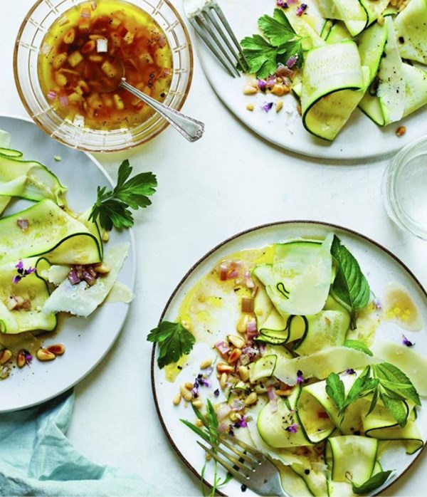 Zucchini salad with Meyer lemon vinaigrette, pine nuts, and fresh herbs