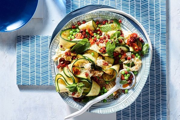 Zucchini salad with peas and chorizo dressing