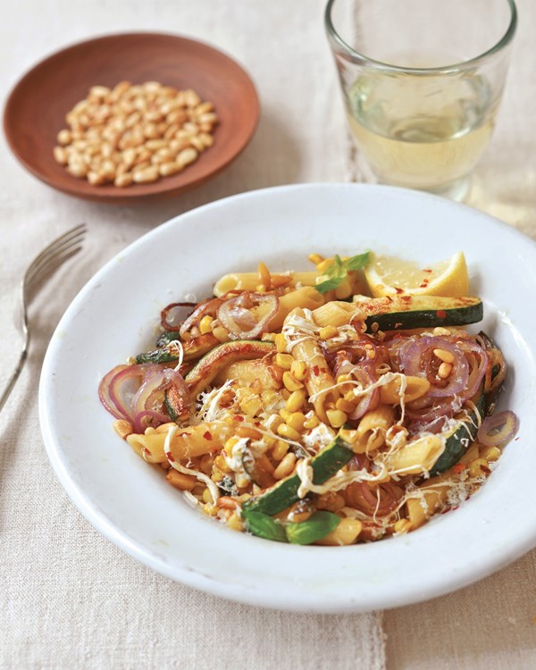 Zucchini, sweet corn, and basil penne with pine nuts and mozzarella