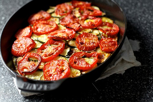 Zucchini, tomato and rice gratin
