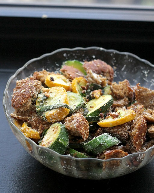 Zucchini with basil, pine nuts and croutons