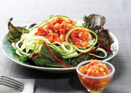 Zucchini with spicy romesco and wilted chard