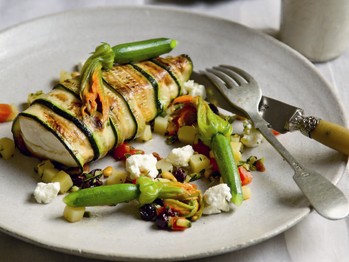 Zucchini-wrapped John Dory, tomato, pine nuts & steamed zucchini flowers